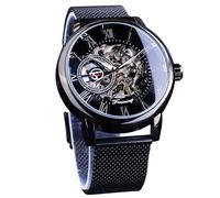 FORSINING Herren Skelett Uhr Steampunk Uhr Schwarz Mechanische Uhr für Männer Minimalistische Retro Design Mechanische Skelett Armbanduhr Transparent, Schwarz, Mechanisch