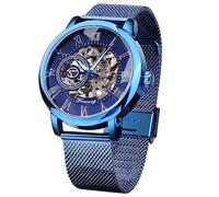 FORSINING Herren Skelett Uhr Steampunk Uhr Schwarz Mechanische Uhr für Männer Minimalistische Retro Design Mechanische Skelett Armbanduhr Transparent, Blau, Lässiger Stil