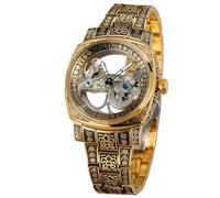FORSINING Herren Skelettuhr Römische Zahlen Automatik Selbstaufzug Tourbillon Armbanduhr mit Edelstahlarmband, Gold, Classic