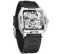 FORSINING Herren Wasserdicht Skelett Stilvolle Uhr Automatische Steampunk Selbstaufzug Silikonband Leuchtende Quadratische Armbanduhr, 2-silber, Modern