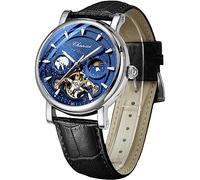 FORSINING Herrenuhr Leuchtender Sternenhimmel mit Mondphase Tourbillon, Mechanische Automatik Selbstaufzug Mode Uhren, Edelstahlgehäuse Ledergürtel Armbanduhr, silber, blau