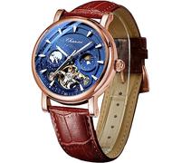 FORSINING Herrenuhr Leuchtender Sternenhimmel mit Mondphase Tourbillon, Mechanische Automatik Selbstaufzug Mode Uhren, Edelstahlgehäuse Ledergürtel Armbanduhr, roségold blau, Modern