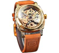 FORSINING Herrenuhren, Klassische Mode-Skelettuhr mit quadratischem, transparentem Zifferblatt, automatische mechanische Leder-Armbanduhr, leuchtend, wasserdicht, Golden 1, Armband