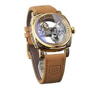 FORSINING Herrenuhren, Klassische Mode-Skelettuhr mit quadratischem, transparentem Zifferblatt, automatische mechanische Armbanduhr aus Leder, leuchtend, wasserdicht, gold, Armband