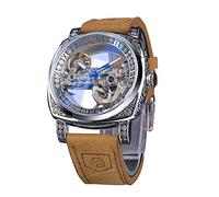 FORSINING Herrenuhren, Klassische Mode-Skelettuhr mit quadratischem, transparentem Zifferblatt, automatische mechanische Armbanduhr aus Leder, leuchtend, wasserdicht, silber