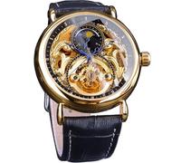 FORSINING Luxuriöse Herren-Armbanduhr mit Mondphase und Tourbillon, Retro-Skelett, hohl, selbstaufziehend, mechanische Armbanduhr, Ledergürtel, Automatik-Uhrwerk, Herrenuhren, Goldfarben / Schwarz