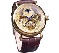 FORSINING Luxuriöse Herren-Armbanduhr mit Mondphase und Tourbillon, Retro-Skelett, hohl, selbstaufziehend, mechanische Armbanduhr, Ledergürtel, Automatik-Uhrwerk, Herrenuhren, Goldgold, Mechanisch
