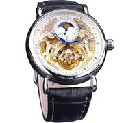 FORSINING Luxuriöse Herren-Armbanduhr mit Mondphase und Tourbillon, Retro-Skelett, hohl, selbstaufziehend, mechanische Armbanduhr, Ledergürtel, Automatik-Uhrwerk, Herrenuhren, Silber, Weiß, Mechanisch