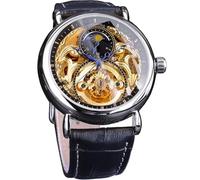 FORSINING Luxus Herren Armbanduhr mit Mondphase & Tourbillon, Retro Skelett Hohl Selbstaufziehende Mechanische Armbanduhr, Ledergürtel Automatikwerk Herren Uhren, silber, schwarz
