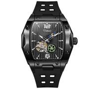 FORSINING Männer Automatikuhr Silikonarmband Casual Skelett Dial Moon Phase Tourbillon Mechanische Armbanduhr für Herren Mode Geschäft, Schwarz