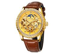 FORSINING Männer Automatische Selbstaufzug Uhr Leder Mechanische Armbanduhr Luxus Retro Skelett Große Zifferblatt Mondphase Wasserdicht Leuchtend Business Kleid, Goldbraun