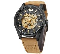FORSINING Mechanische Herren-Armbanduhr, mechanisch, minimalistisch, schlicht, analog, modisches Lederband, 4 - Gold und Schwarz, Classic