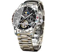 FORSINING Mechanische Herrenuhr, Mondphasen-Tourbillon, automatische Selbstaufzieh-Armbanduhr, luxuriöses Edelstahlband, 43 mm großes Zifferblatt, Herren-Armbanduhr mit 3 Hilfszifferblättern, Silber