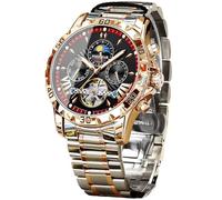 FORSINING Mechanische Herrenuhr, Mondphasen-Tourbillon, automatische Selbstaufzieh-Armbanduhr, luxuriöses Edelstahlband, 43 mm großes Zifferblatt, Herren-Armbanduhr mit 3 Hilfszifferblättern, Rotgold,