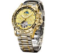 FORSINING Mechanische Herrenuhr, Mondphasen-Tourbillon, automatische Selbstaufzieh-Armbanduhr, luxuriöses Edelstahlband, 43 mm großes Zifferblatt, Herren-Armbanduhr mit 3 Hilfszifferblättern, Goldgold
