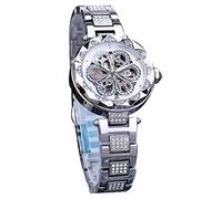 FORSINING Mode Frauen Uhr Skelett Blume Design Luxus Diamant Armbanduhr für Party Edelstahl Riemen Mechanisch Automatisch, silber, Armband