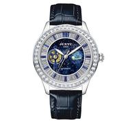 FORSINING Mode Männer Uhr Echtes Leder Armband Automatische Mechanische Armbanduhr für Herren wasserdichte Business Starry Sky Diamond Big Dial Luminous,Blau