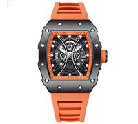 FORSINING Modische Quarzuhr für Herren, Skelett, rechteckig, großes Zifferblatt, analog, Herren-Armbanduhr, lässig, Business, Silikonband, Militäruhren, Orange, Armband