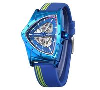FORSINING Skelett-Uhren für Herren, automatische mechanische Uhr mit dreieckigem Zifferblatt, leuchtende selbstaufziehende Uhren, Edelstahlarmband oder weiches Silikonarmband, blau, Retro