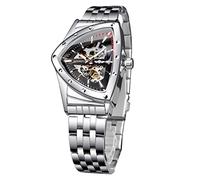 FORSINING Skelett-Uhren für Herren, automatische mechanische Uhr mit dreieckigem Zifferblatt, leuchtende selbstaufziehende Uhren, Edelstahlarmband oder weiches Silikonarmband, Silber-T, Lässiger Stil
