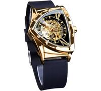 FORSINING Skelett-Uhren für Herren, automatische mechanische Uhr mit dreieckigem Zifferblatt, leuchtende selbstaufziehende Uhren, weiches Silikonarmband, Gold