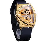 FORSINING Skelettuhr für Herren, automatische mechanische Uhr mit dreieckigem Zifferblatt, leuchtend, selbstaufziehend, Edelstahl-Armband oder weiches Silikon-Armband, Gold