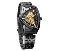 FORSINING Skelettuhr für Herren, automatische mechanische Uhr mit dreieckigem Zifferblatt, leuchtend, selbstaufziehend, Edelstahl-Armband oder weiches Silikon-Armband, Schwarz-y