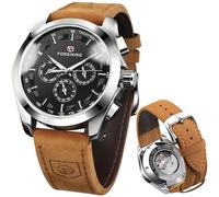 FORSINING Transparente Herren-Sportuhr, luxuriöses Echtlederband, modisch, automatisch, mechanisch, Skelett-Uhr, Herrenuhren, Schwarz