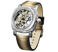 FORSINING Uhren für Herren, quadratisch, Retro, mechanische Uhr, selbstaufziehend, geschnitzt, Skelett, Automatikuhren, Vintage-Lederarmband, Beige / Braun