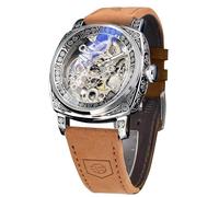 FORSINING Uhren für Herren, quadratisch, Retro, mechanische Uhr, selbstaufziehend, geschnitzt, Skelett, Automatikuhren, Vintage-Lederarmband, Silberbraun, Retro