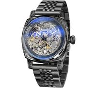FORSINING Uhren für Herren, quadratisch, Retro, mechanische Uhr, selbstaufziehend, geschnitzt, Skelett, Automatikuhren, Vintage-Lederarmband, Schwarz_S
