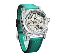 FORSINING Uhren für Herren, quadratisch, Retro, mechanische Uhr, selbstaufziehend, geschnitzt, Skelett, Automatikuhren, Vintage-Lederarmband, Grün
