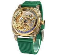 FORSINING Uhren für Herren, quadratisch, Retro, mechanische Uhr, selbstaufziehend, geschnitzt, Skelett, Automatikuhren, Vintage-Lederarmband, GreenSil