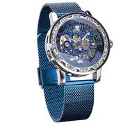 FORSINING Winners Vintage mechanische Uhren, Gravur mit Diamanten und Blumen, Klassische Herrenuhr, Skelett, römische Zahlen, Schwarz/Gold, Uhren, Blau2, Lässig