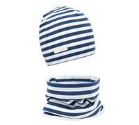 Foruhoo Mädchen Mütze Set mit Schal Kinder Beanie für Herbst Winter Baumwolle 2er(Set: Streifen Blau,37-43)