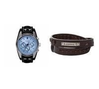 Fossil Coachman Uhr für Herren, Chronographenwerk mit Edelstahl- oder Lederarmband, Blau, 45MM & Herrenarmband Doppelwickel in braun, JF87354040