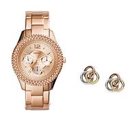 Fossil Damen Analog Quarz Uhr mit Edelstahl Armband ES3590 + Damen Ohrstecker Tri-Tone Circle