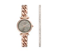 Fossil Damen Carlie Quarz Edelstahl Dreizeiger Uhr, Geschenk-Set mit rotgoldener Kette, 28 MM