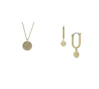 Fossil Damen-Kettenhalsband und -Ohrringe Sadie Glitz Disc, goldfarbener Edelstahl