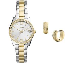 Fossil Damen Scarlette Mini Zweifarbige Edelstahl Uhr und Harlow Goldfarbene Ohrringe, Set