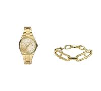 Fossil Damenuhr Scarlette und Kettenarmband Heritage D-Link - DREI-Zeiger-Datum, goldfarbener Edelstahl