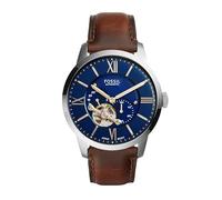 Fossil Herren-Armbanduhr Analog Automatik Lederband ME3105, Silber/Blau, Cognac, 44 mm, Skelettuhr