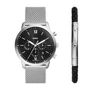Fossil Herren Armbanduhr Neutra Quarz Edelstahl Chronograph Uhr für Männer, Silbernes Netz-Geschenk-Set, 44MM, Neutra