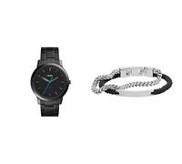 FOSSIL Herren Minimalist Schwarze Edelstahl Uhr und Ellis Silberfarbener Edelstahl Armband, Set