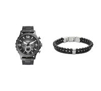 FOSSIL Herren Nate Graue Edelstahl Uhr und Townsman Schwarzer Halbedelstein Armband, Set