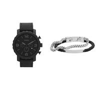FOSSIL Herren Nate Schwarze Lederuhr und Ellis Silberfarbener Edelstahl Armband, Set