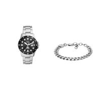 Fossil Herrenuhr Blue Dive und Armband-Schmuck, silberfarbener Edelstahl, Set