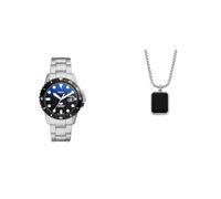 Fossil Herrenuhr Blue Dive und Halskette Schmuck, silberfarbener Edelstahl, Set