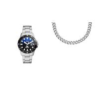 Fossil Herrenuhr Blue Dive und Halskette Schmuck, silberfarbener Edelstahl, Set