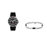 Fossil Herrenuhr Blue GMT Schwarz Silikon und Armband Schmuck silberfarbener Edelstahl, Set